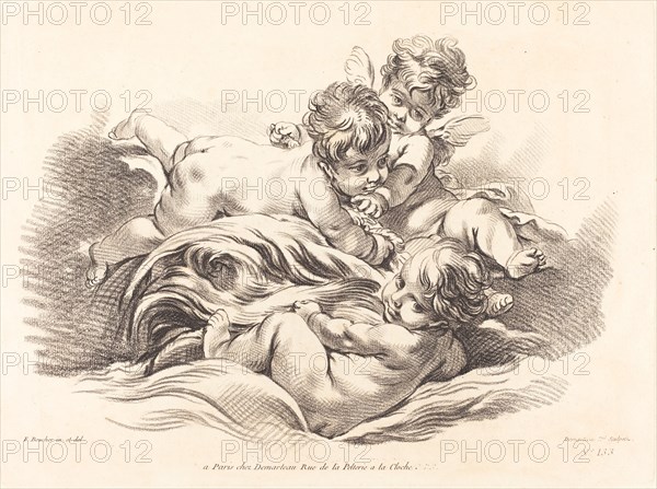 Three Cherubs Playing on Dolphin Like Wave.