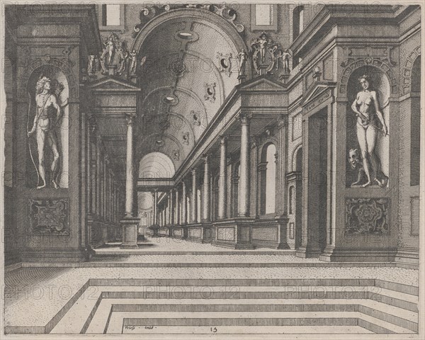 View in a Church with Corinthian Columns and Statues of Apollo, Melpomene, and Moses, 1560.