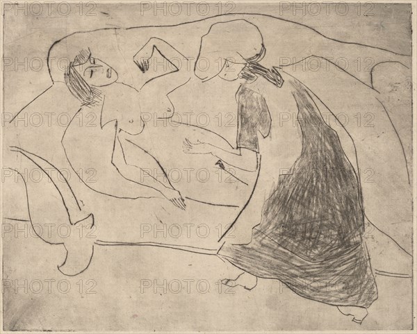 Girl, with Another Rubbing Her Belly, 1910.