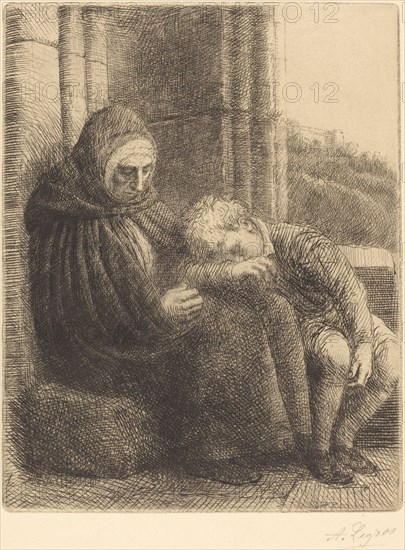 Woman Seated against a Wall, Child with His Head in Her Lap (Femme assise, muraille au fond, enfant la tete dans son giron.