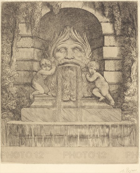 Fountain: Grotesque, Children and Basin (Une fountaine: Masque, enfants et bassin).