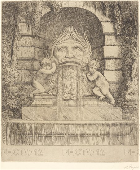 Fountain: Grotesque, Children and Basin (Une fountaine: Masque, enfants et bassin).