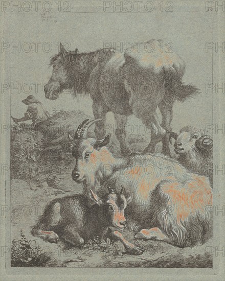 Horse, Ram, Goat with Kid; In the Distance a Shepherd with Flock, 1759.