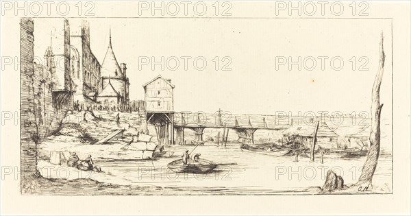 Passerelle du Pont-au-Change, Paris, après l'Incendie de 1621 (Footbridge...), 1860. Creator: Charles Meryon.