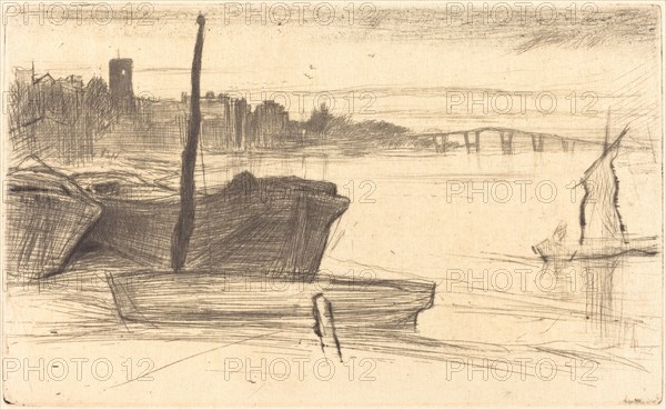 Chelsea Bridge and Church, c. 1870/1871.