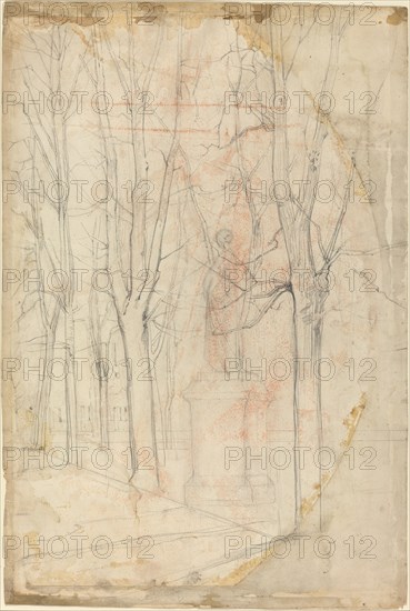 Sketch of Trees with a Statue on a Pedestal.