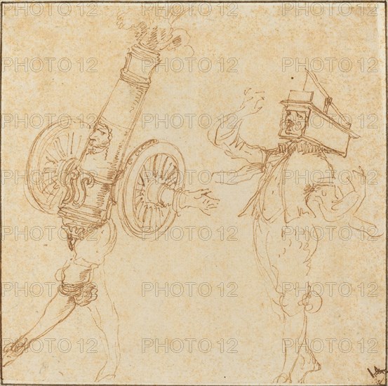 Two Men in Masquerade Costumes: A Cannon Firing and a Cat Inside a Mousetrap, c. 1645.