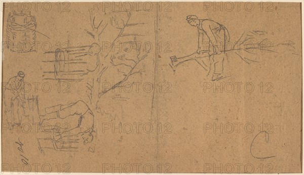 Soldiers felling sapling, and weaving saplings into baskets [verso], 1862.