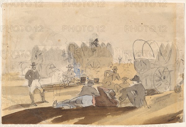 Caravan with Covered Wagons Resting [recto], 1861.