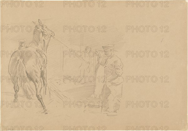 Man Pulling a Horse into a Stall, 1918.