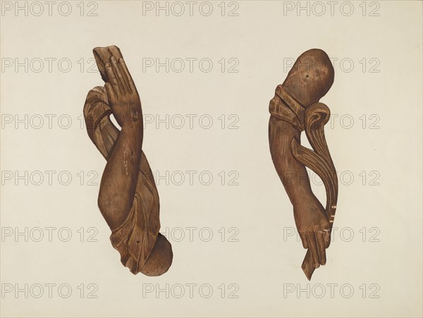 Pair of Carved Wooden Arms, c. 1937.