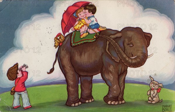 Children riding on an elephant, 1932.