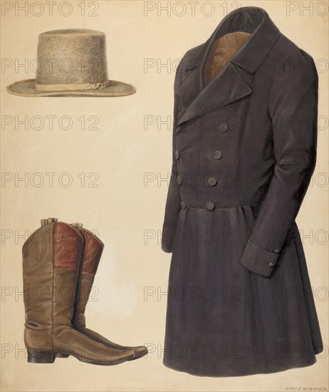 Zoar Man's Hat, Boots and Coat, c. 1937.