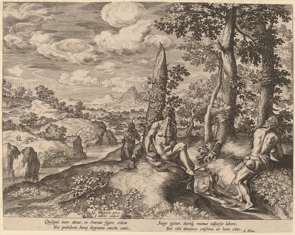 Landscape with Three Nude Men and a Dog.