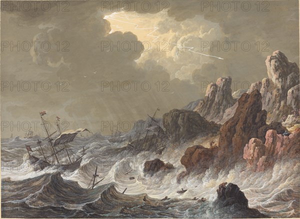 Storm-Tossed Ships Wrecked on a Rocky Coast.