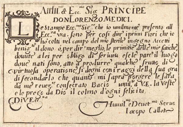 Dedication to Don Lorenzo de' Medici, c. 1622.