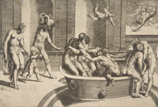 Men and women bathing, some embracing, 1531-76.