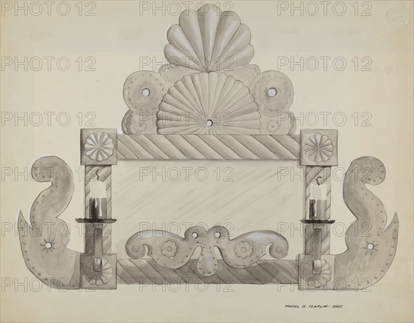 Tin Mirror Frame with 2 Candle Sockets, c. 1937.