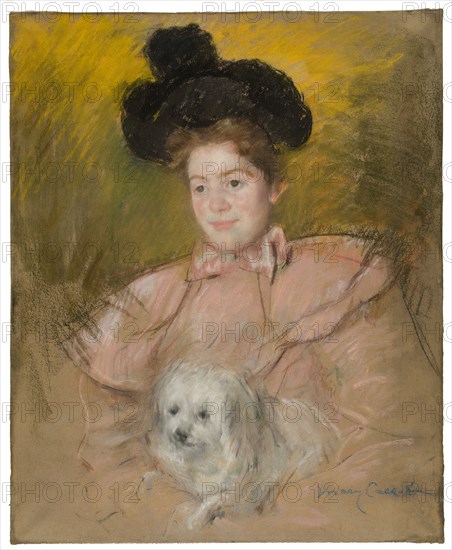 Woman in Raspberry Costume Holding a Dog, c. 1901.