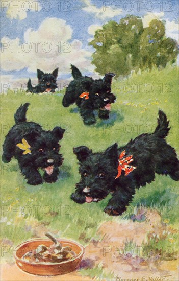 A Good Time Ahead, 1930s. Scottie dogs with ribbons.