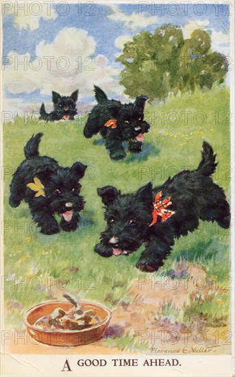 A Good Time Ahead, 1930s. Scottie dogs with ribbons.