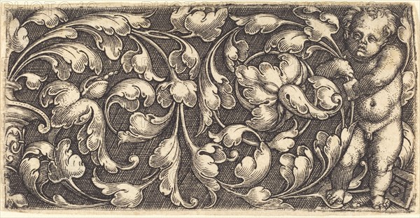 Naked Infant Holding a Double Scroll of Leafy Ornament.
