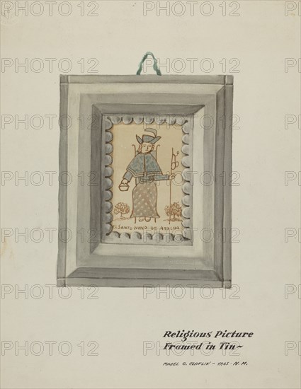 Hand Drawn "Santo Nino de Atocha"-Hand Made Tin Frame, c. 1937.