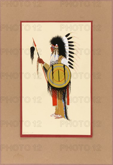 Cheyenne Warrior in Feather Headdress with Shield, ca. 1915-1937.