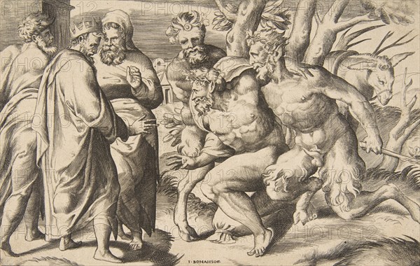 Two satyrs bringing Silenus King Midas standing at the left, 1531-76.