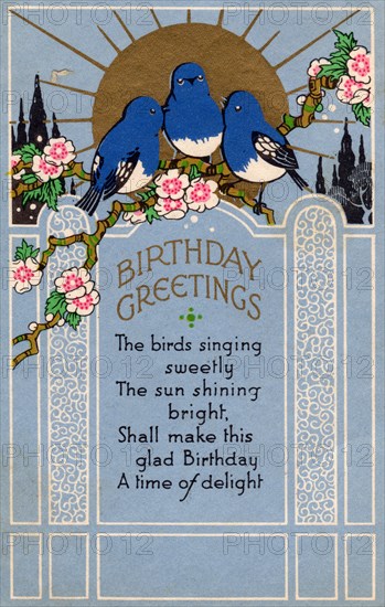 Birthday Greetings, 1933. Bluebirds on a branch of blossom, with poem.