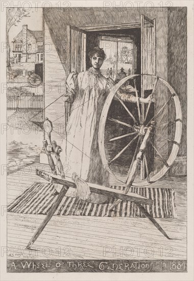 At the Spinning Wheel, c. 1884. 'A Wheel of Three Generations in 1884'.