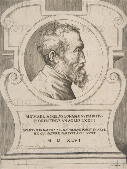 Bust portrait of Michelangelo facing right, set within a cartouche., 1546.