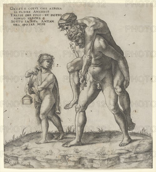 Aeneas rescuing Anchises, a young boy carrying a lantern at left, ca. 1525.