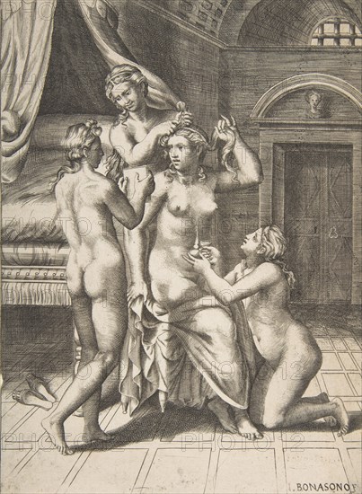 The toilet of Psyche who is seated in the centre being attended to, 1531-76.