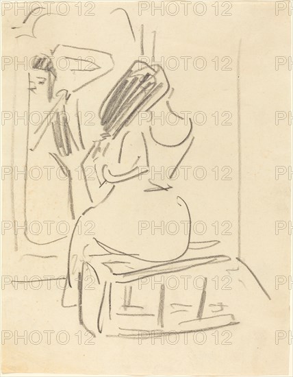 A Woman Combing Her Hair in Front of a Mirror, late 19th-early 20th century.