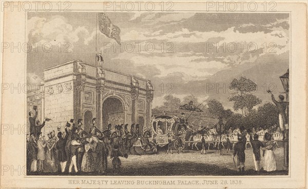 Her Majesty Leaving Buckingham Palace, June 28, 1838 [left half], 19th century.