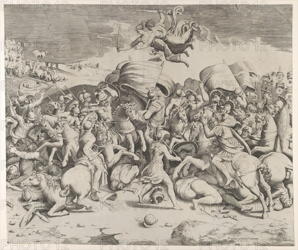 Constantine defeating the tyrant Maxentius, angels carrying swords fly above, 1544.
