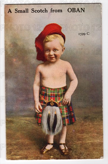 A Small Scotch from Oban, 1934. Child in traditional Scottish kilt - play on words.