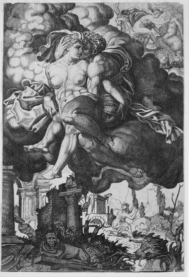 Ixion attempting to seduce Juno, surrounded by clouds with ruins below, ca. 1520-39.