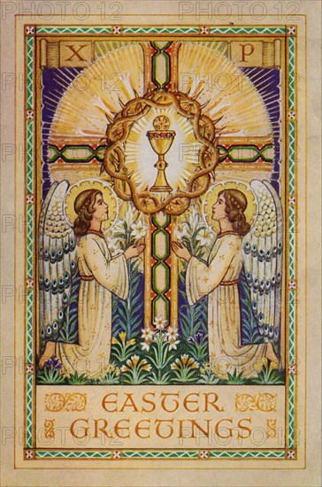 Easter Greetings, 1930s. Angels kneeling before a glowing Holy Grail within a crucifix.