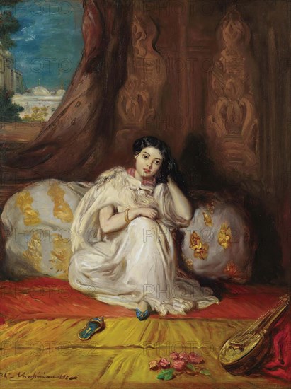 Jeune fille mauresque, assise dans un riche intérieur (Almée), 1853. Private Collection.