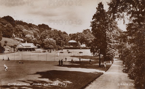 Cwm Donkin Park, Swansea, 1936. Tennis courts at Cwmdonkin Park which was opened in 1874.