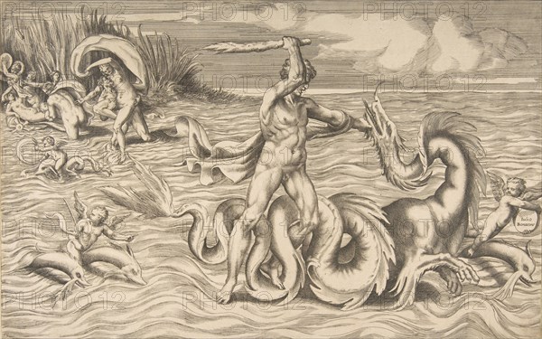 Hercules fight adragon in the centre, Achelous carrying off Deianeira upper left, 1531-76.