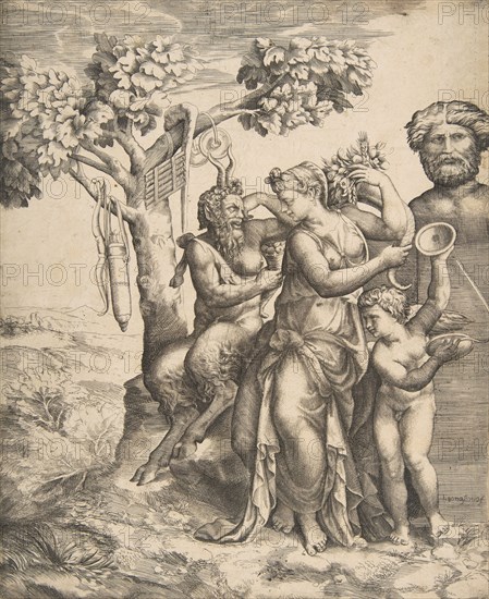 Pan at the left seated next to a standing nymph, to the right Cupid holding cymbals, 1531-76. Creator: Giulio Bonasone.