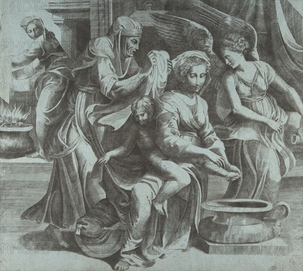 The Virgin washing the Christ Child accompanied by figures and an angel at right, ..., ca. 1550-60. Creator: Giulio Bonasone.