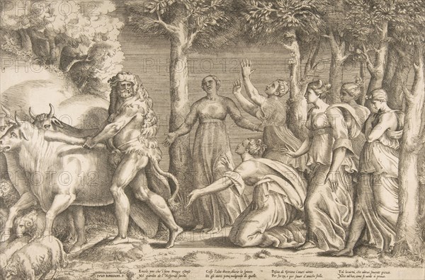 Hercules driving off the cattle of Geryon, at the right are the nymphs of Hesperides, ..., 1531-76. Creator: Giulio Bonasone.