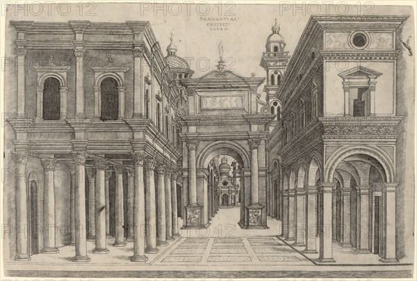 A Street with Various Buildings, Colonnades and an Arch, c. 1500/1510. Creator: Zoan Andrea.