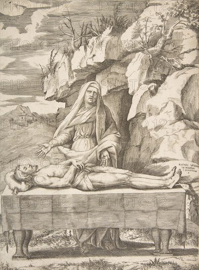 Pieta, Christ stretched out on a table in a landscape, the Virgin standing behind arms ..., 1531-76. Creator: Giulio Bonasone.