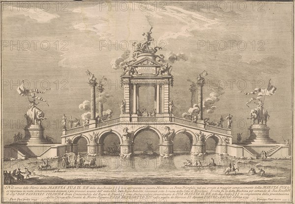 The Prima Macchina for the Chinea of 1755: A Triumphal Bridge with Antiquities..., 1755. Creator: Giuseppe Vasi.