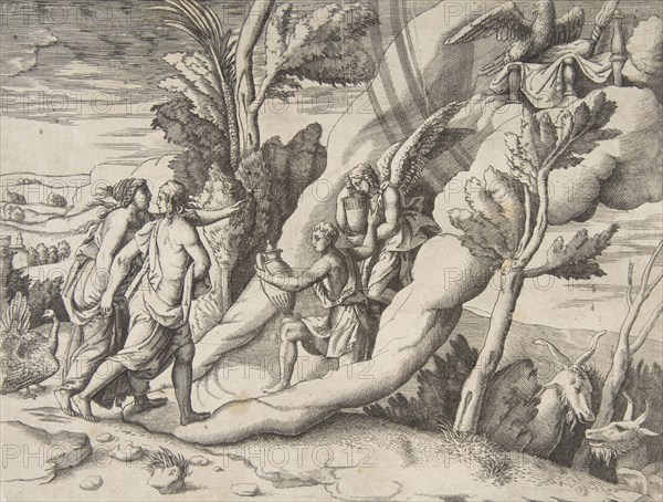 Jupiter and Juno being received in the heavens by Ganymede and Hebe, from the 'Division..., 1531-76. Creator: Giulio Bonasone.